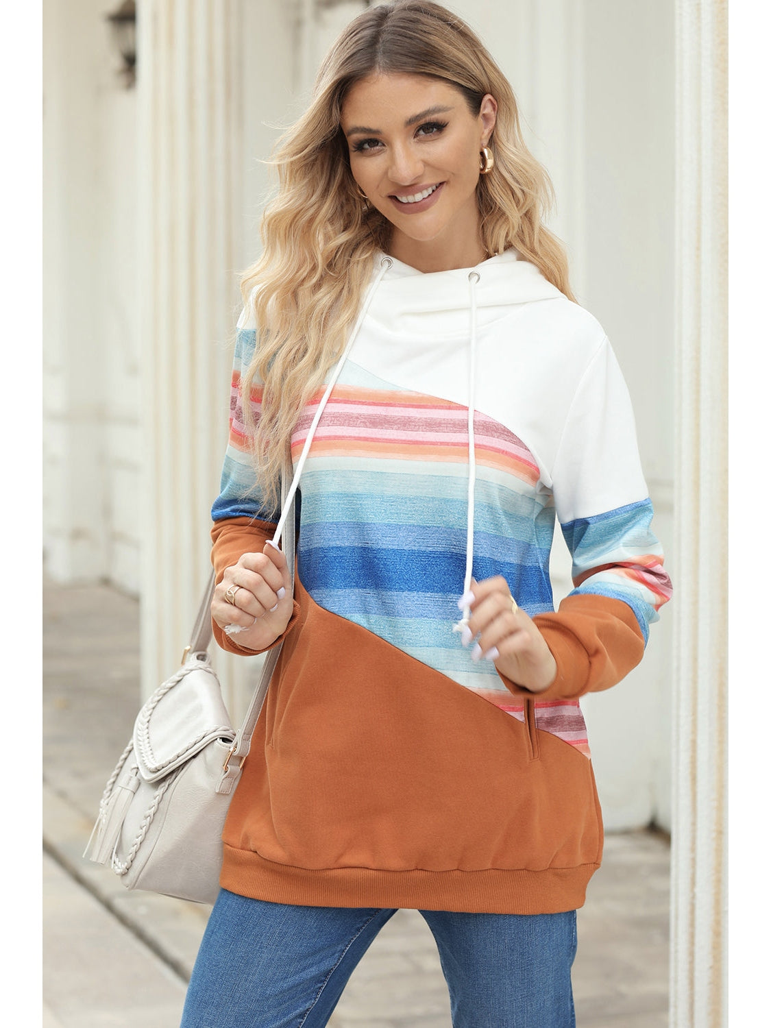 Drawstring Color Block Hoodie with Pockets nicholesgifts