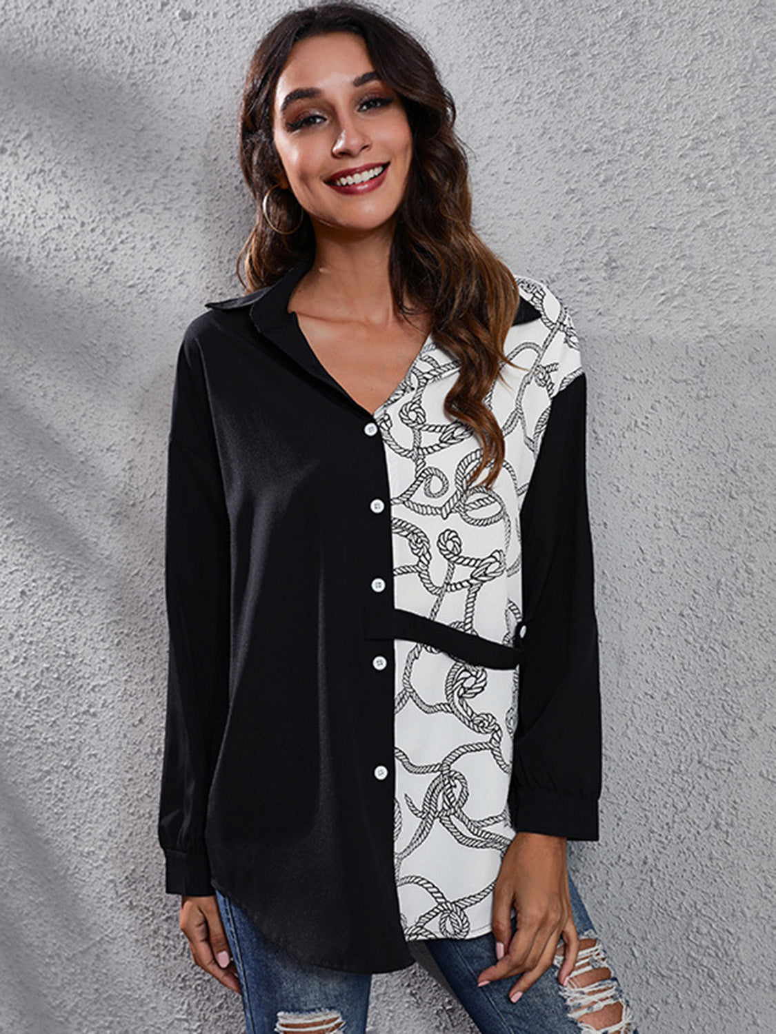 Women Printed Collared Neck Long Sleeve Shirt nicholesgifts