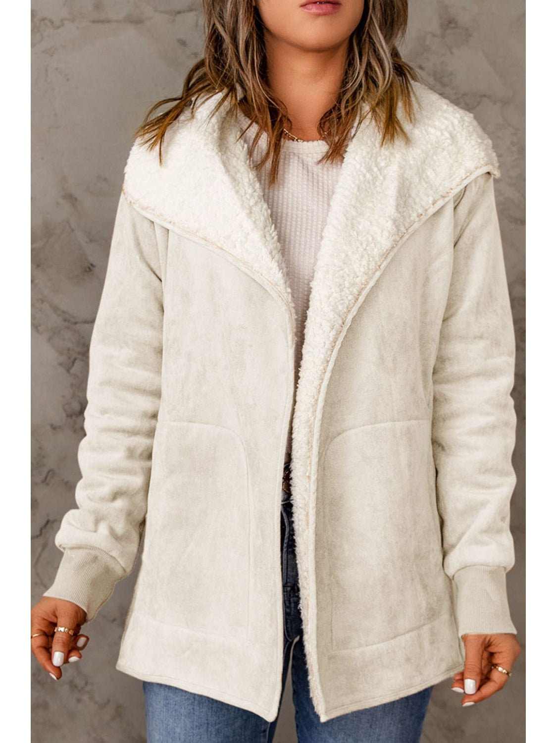 Open Front Long Sleeve Sherpa Jacket with Pockets nicholesgifts