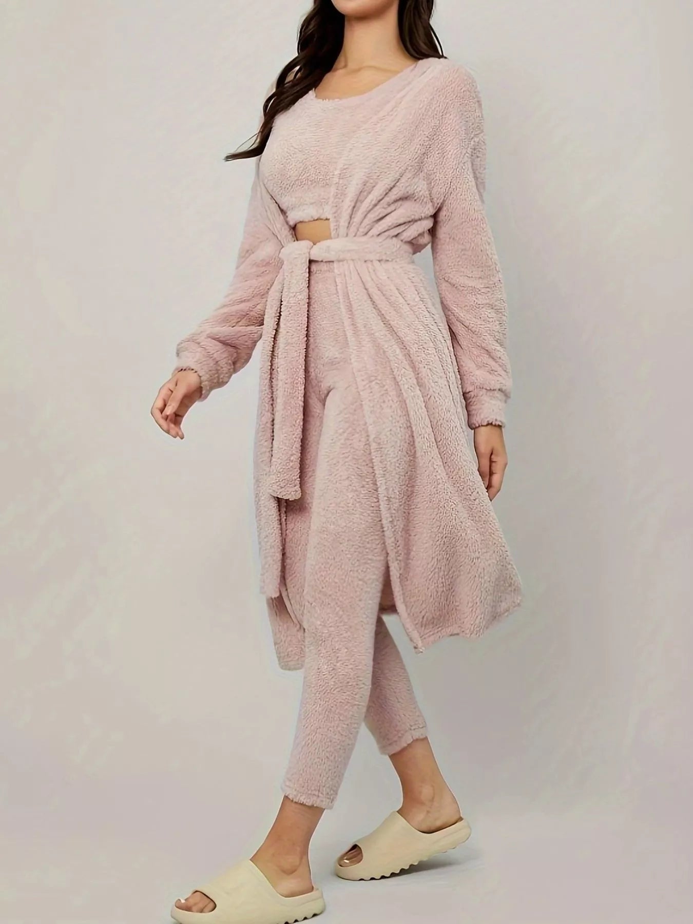 Fuzzy Tank Long Sleeve Cardigan and Pants 3-Piece Lounge Set Trendsi