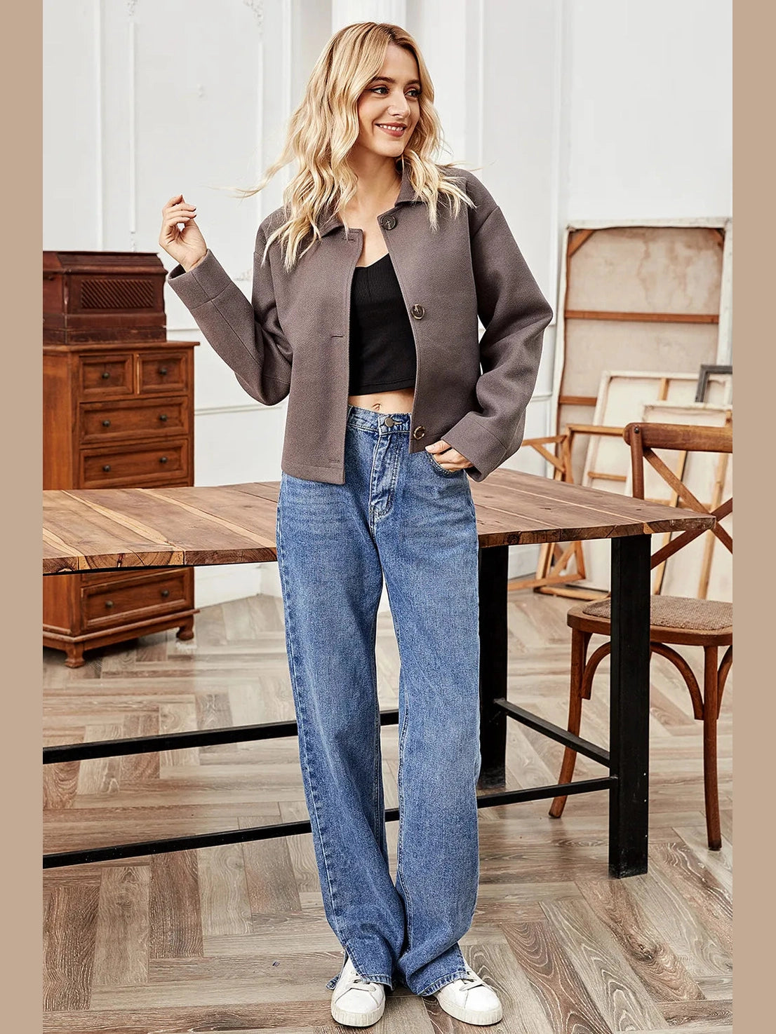Button Up Collared Neck Jacket nicholesgifts
