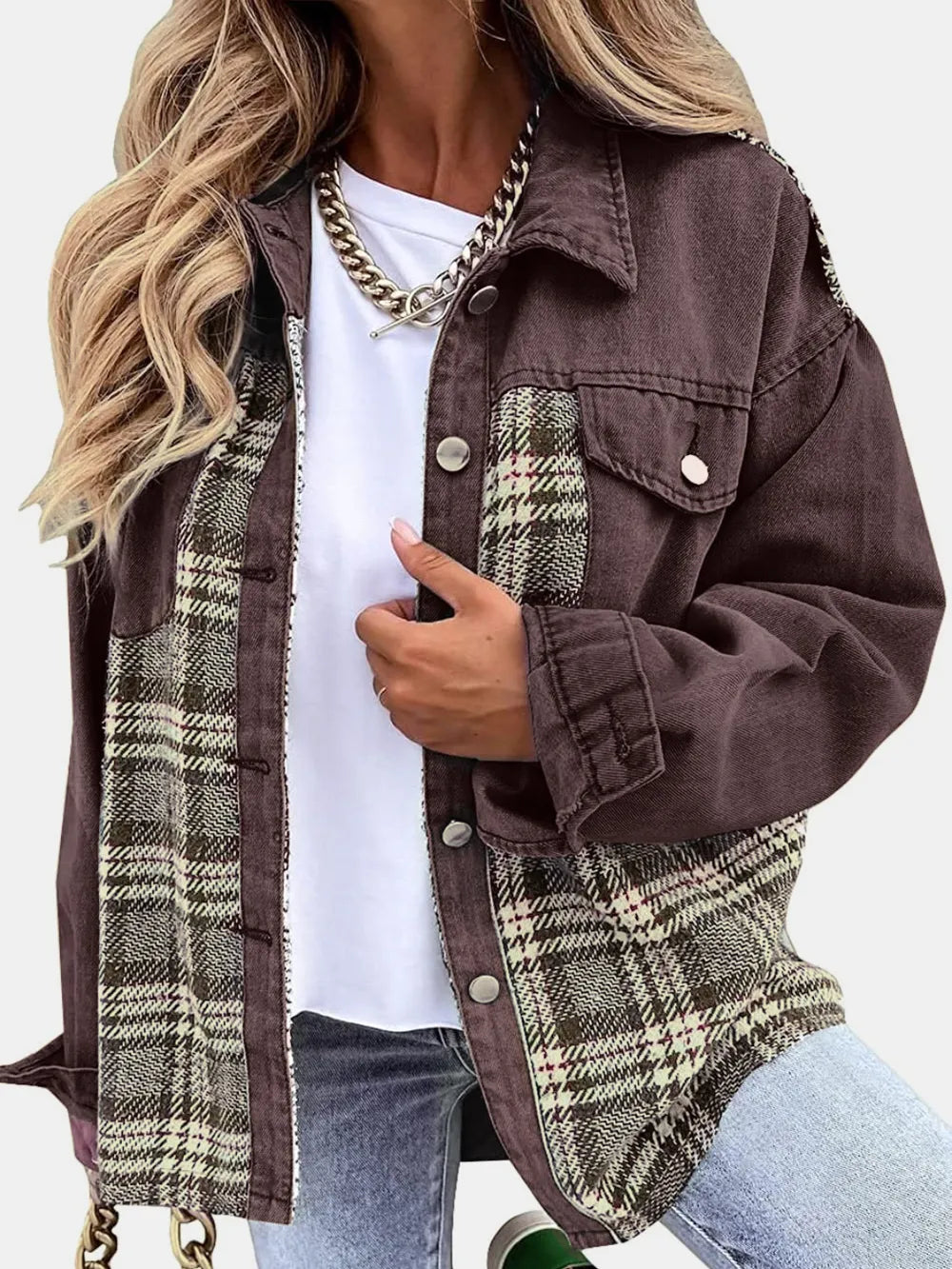 Plaid Button Up Dropped Shoulder Jacket nicholesgifts