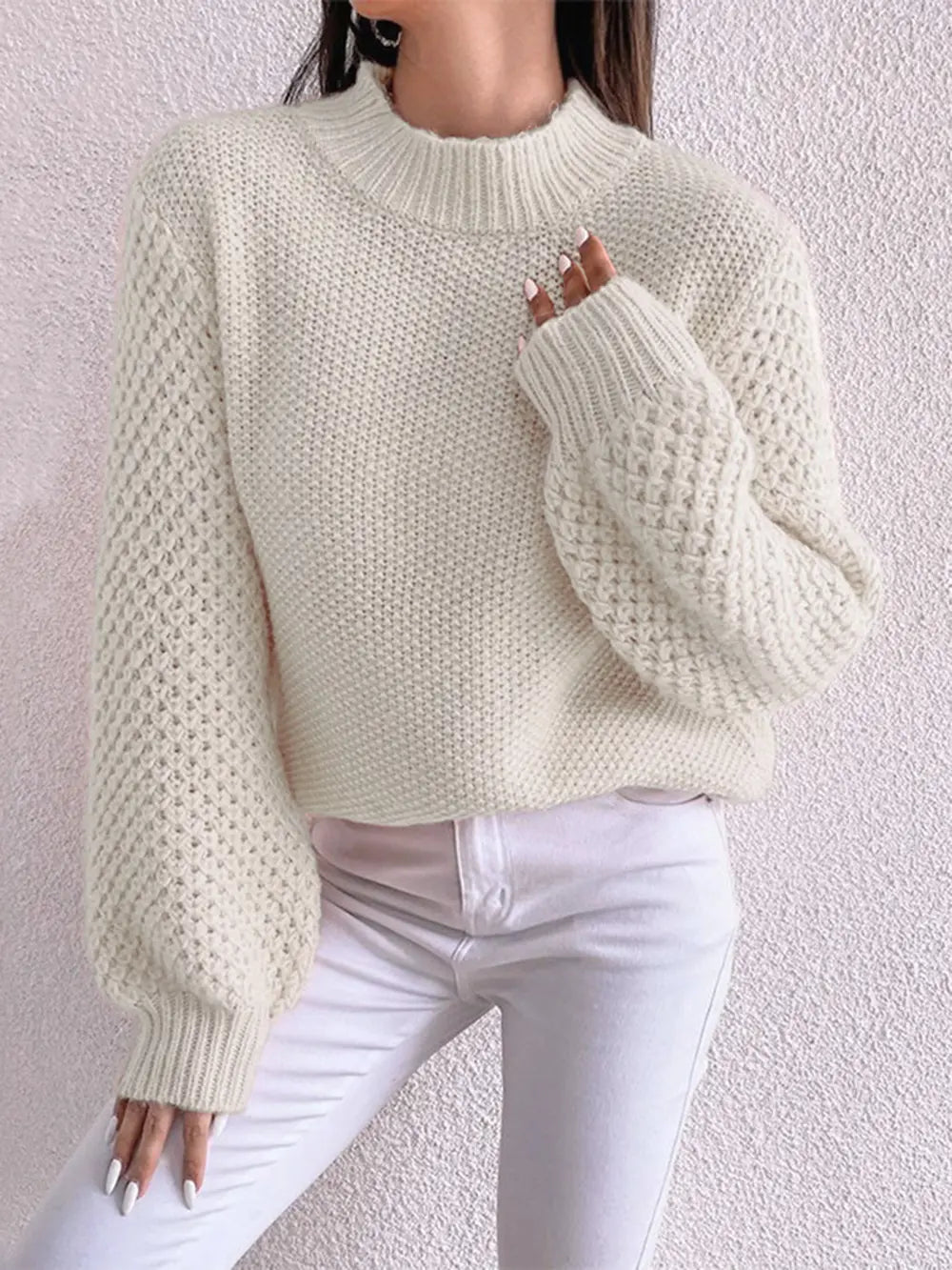 Openwork Mock Neck Long Sleeve Sweater Trendsi