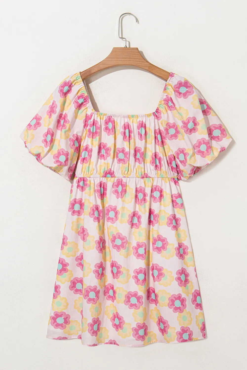Floral Square Neck Puff Sleeve Pleated Flared Midi Dress Trendsi