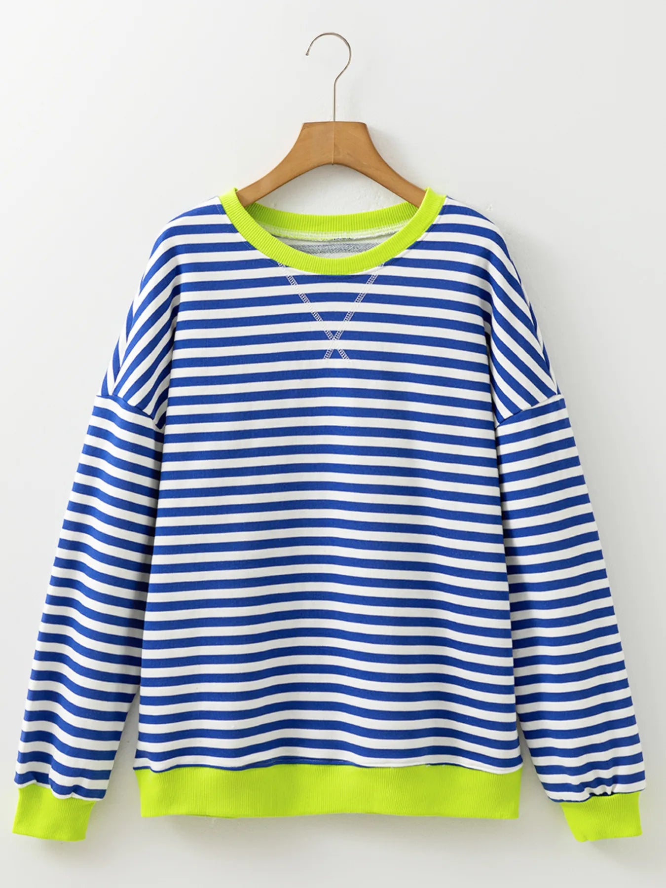 Striped Contrast Ribbed Trim Drop Shoulder Sweatshirt