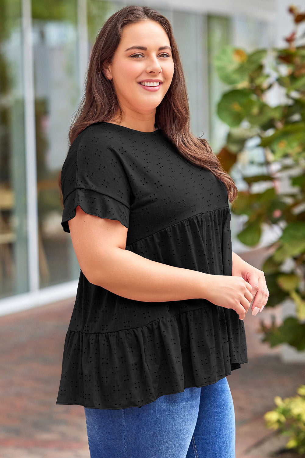 Plus Size Eyelet Round Neck Short Sleeve Blouse nicholesgifts