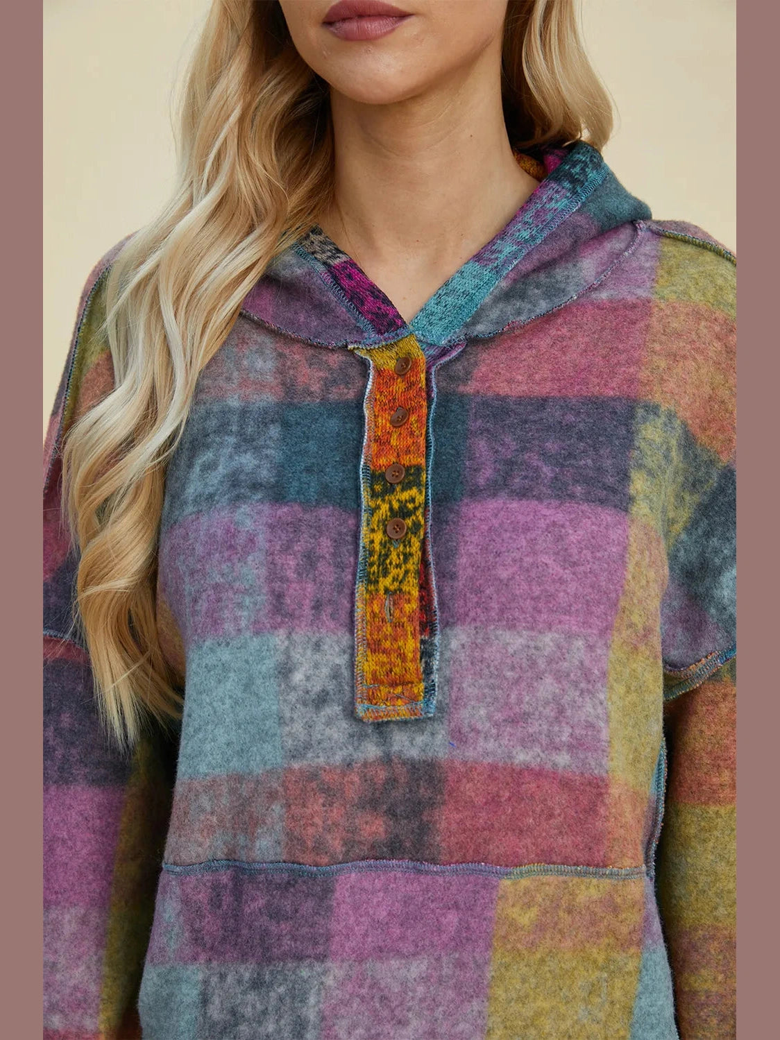Double Take Full Size Plaid Dropped Shoulder Fleece Hoodie Trendsi