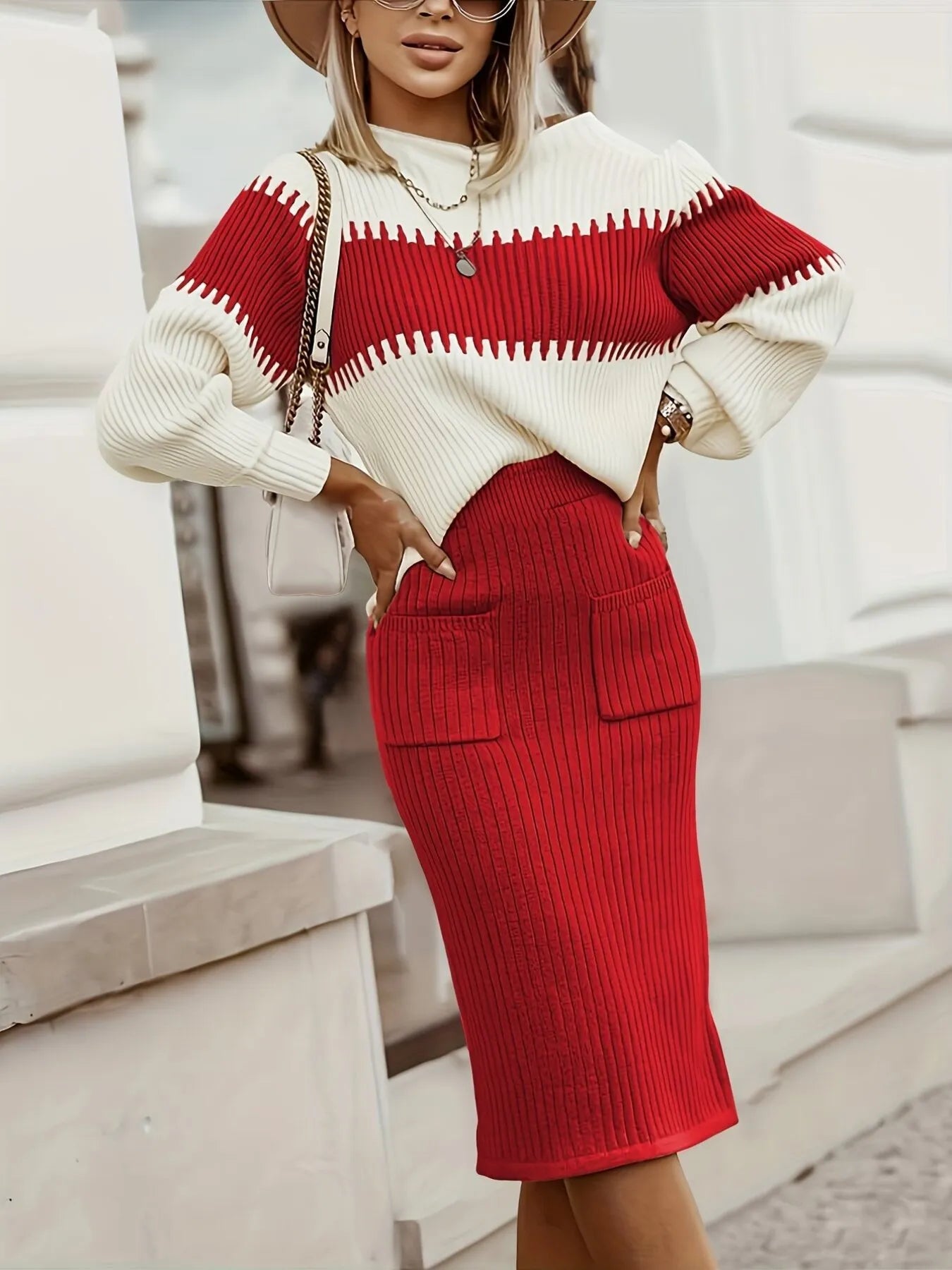 Two-Tone Ribbed Knit Top and Skirt Sweater Set nicholesgifts