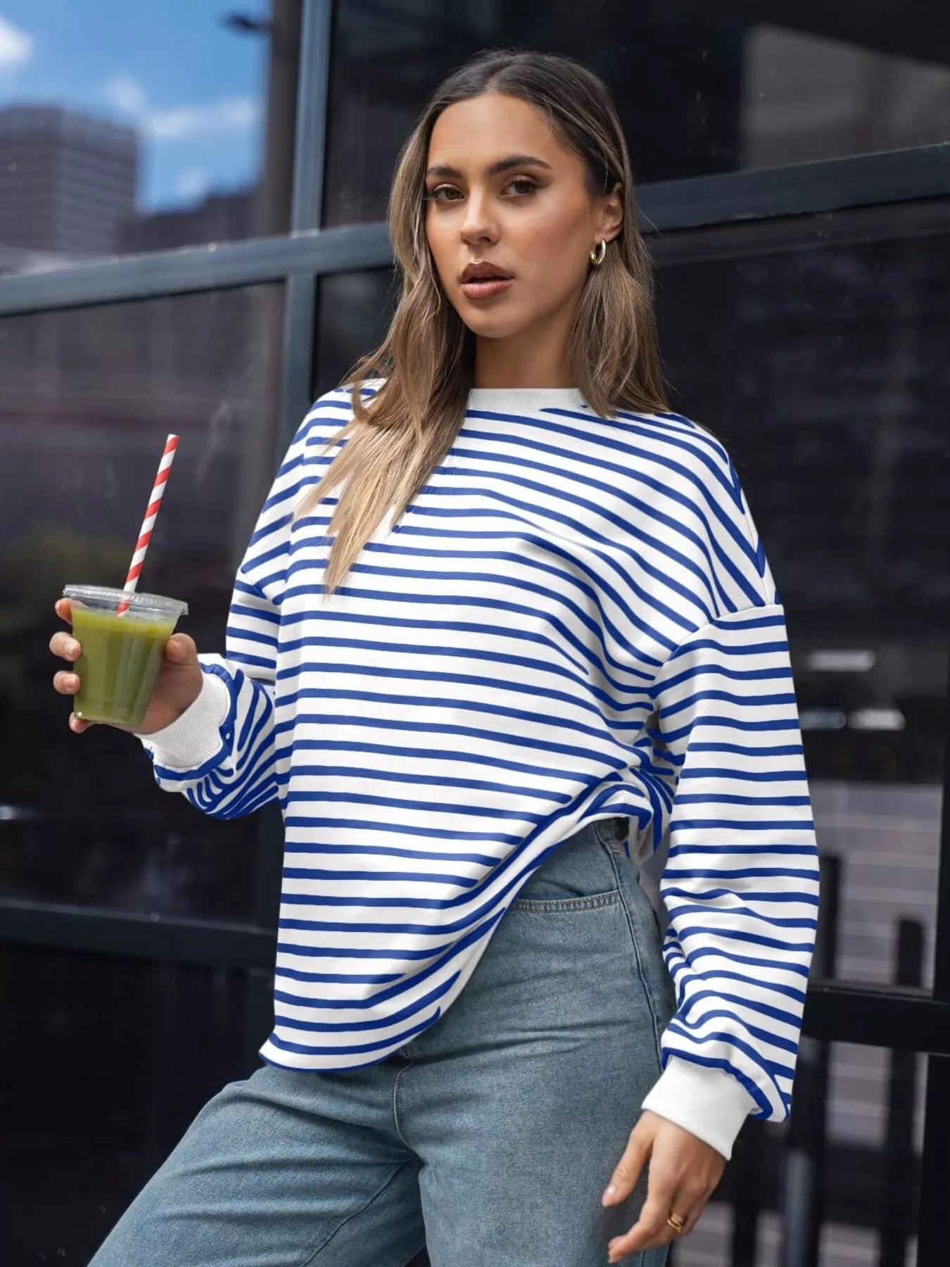 Striped Round Neck Oversized Casual Sweatshirt Trendsi