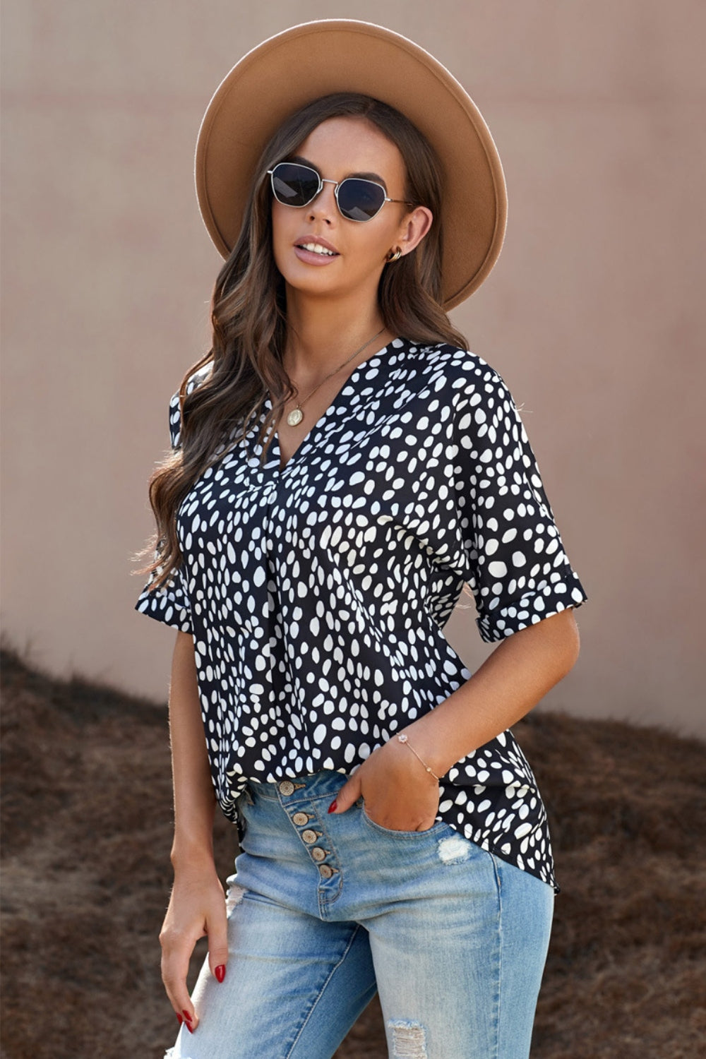 Printed V-Neck Half Sleeve Blouse nicholesgifts