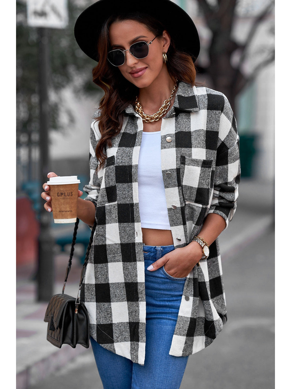 Plaid Curved Hem Dropped Shoulder Longline Shirt Jacket nicholesgifts