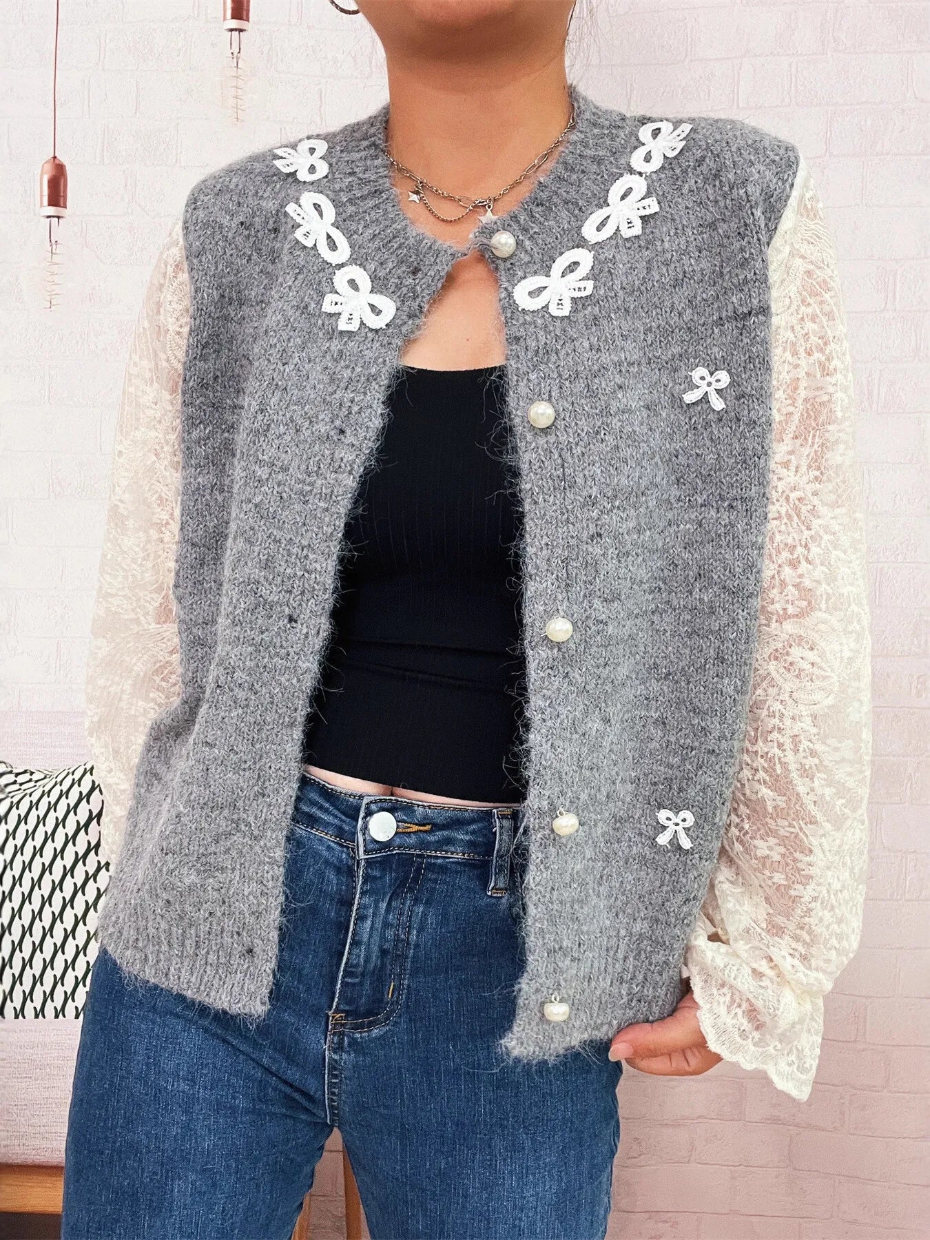 Lace Sleeve Button-Up Cardigan