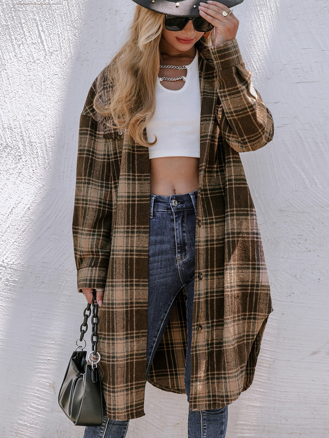 Plaid Button Up Long Sleeve Shacket nicholesgifts