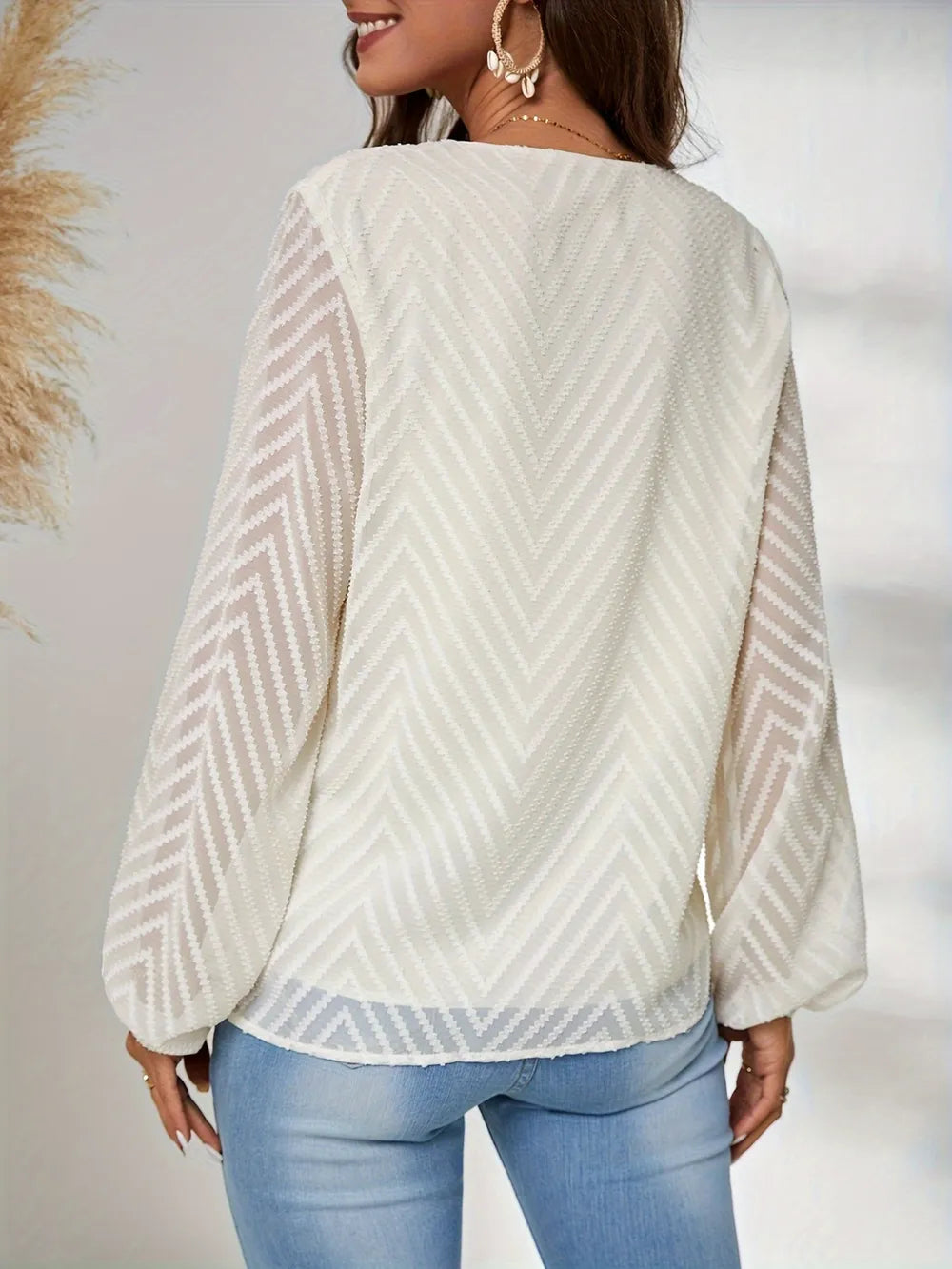 Textured V-Neck Balloon Sleeve Blouse nicholesgifts