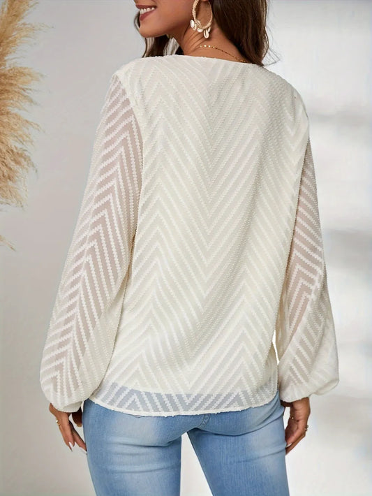 Textured V-Neck Balloon Sleeve Blouse nicholesgifts