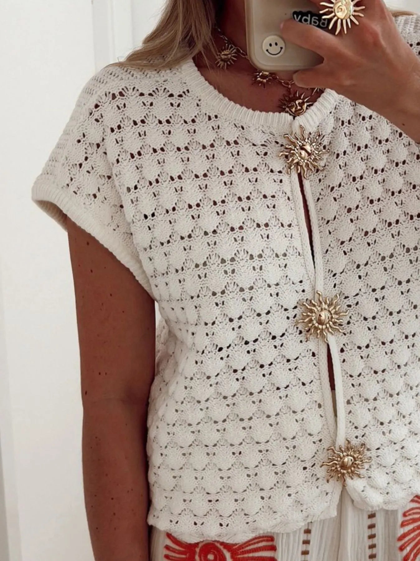 Crochet Short Sleeve Button Front Cardigan
