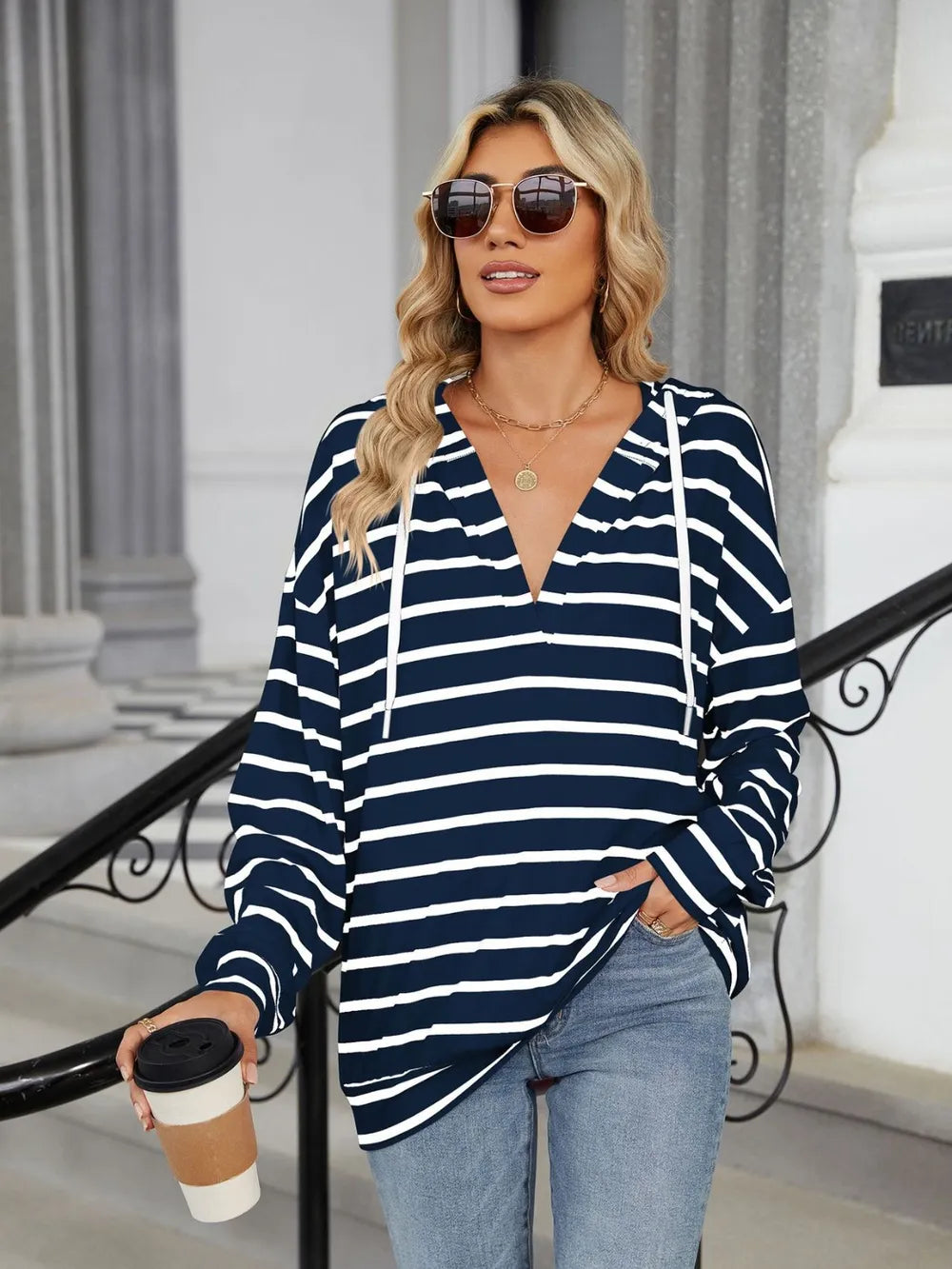 Drawstring Striped Long Sleeve Hoodie Trendsi