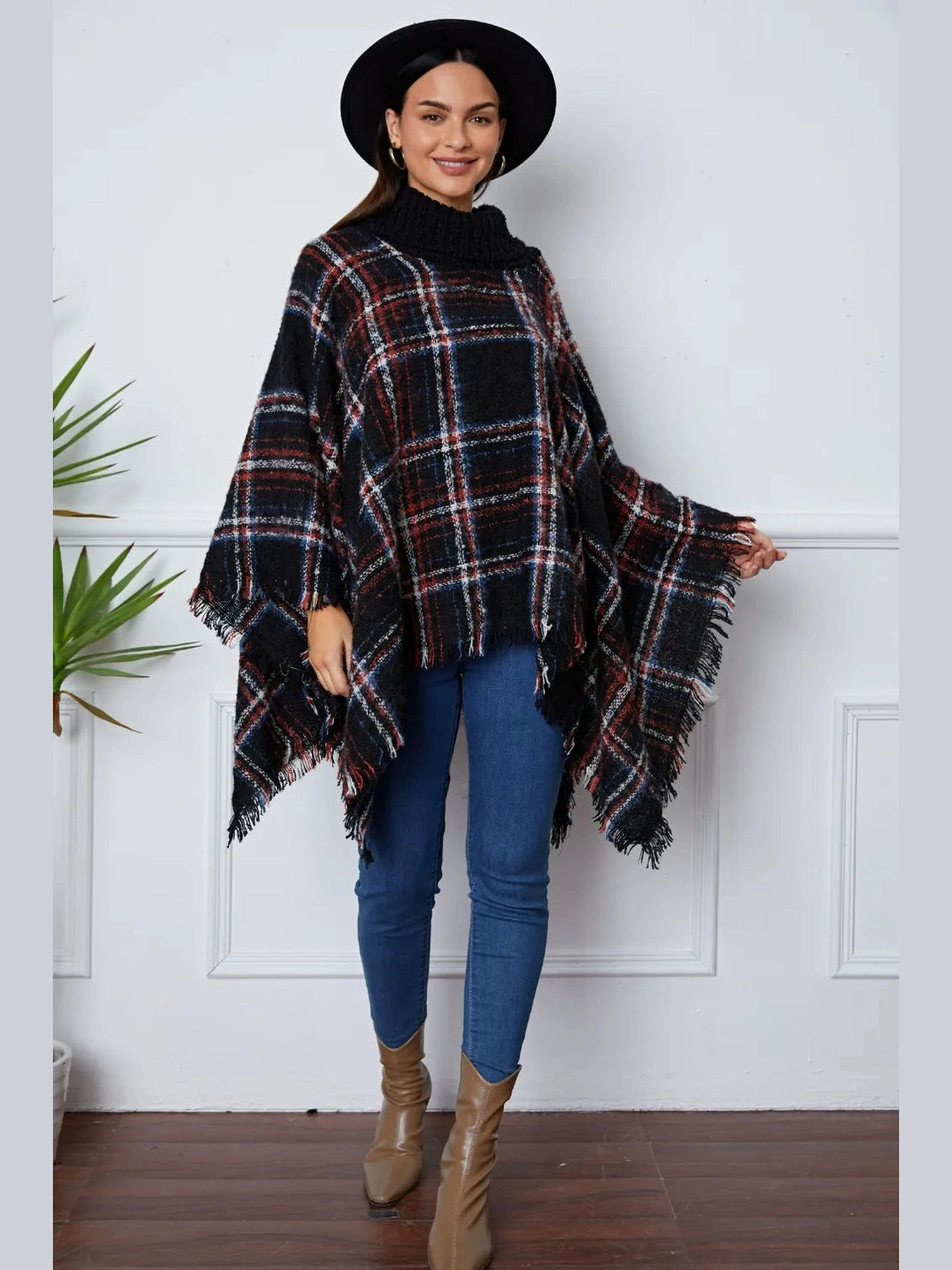 Shiny Turtleneck Plaid Raw Hem Sweater Trendsi