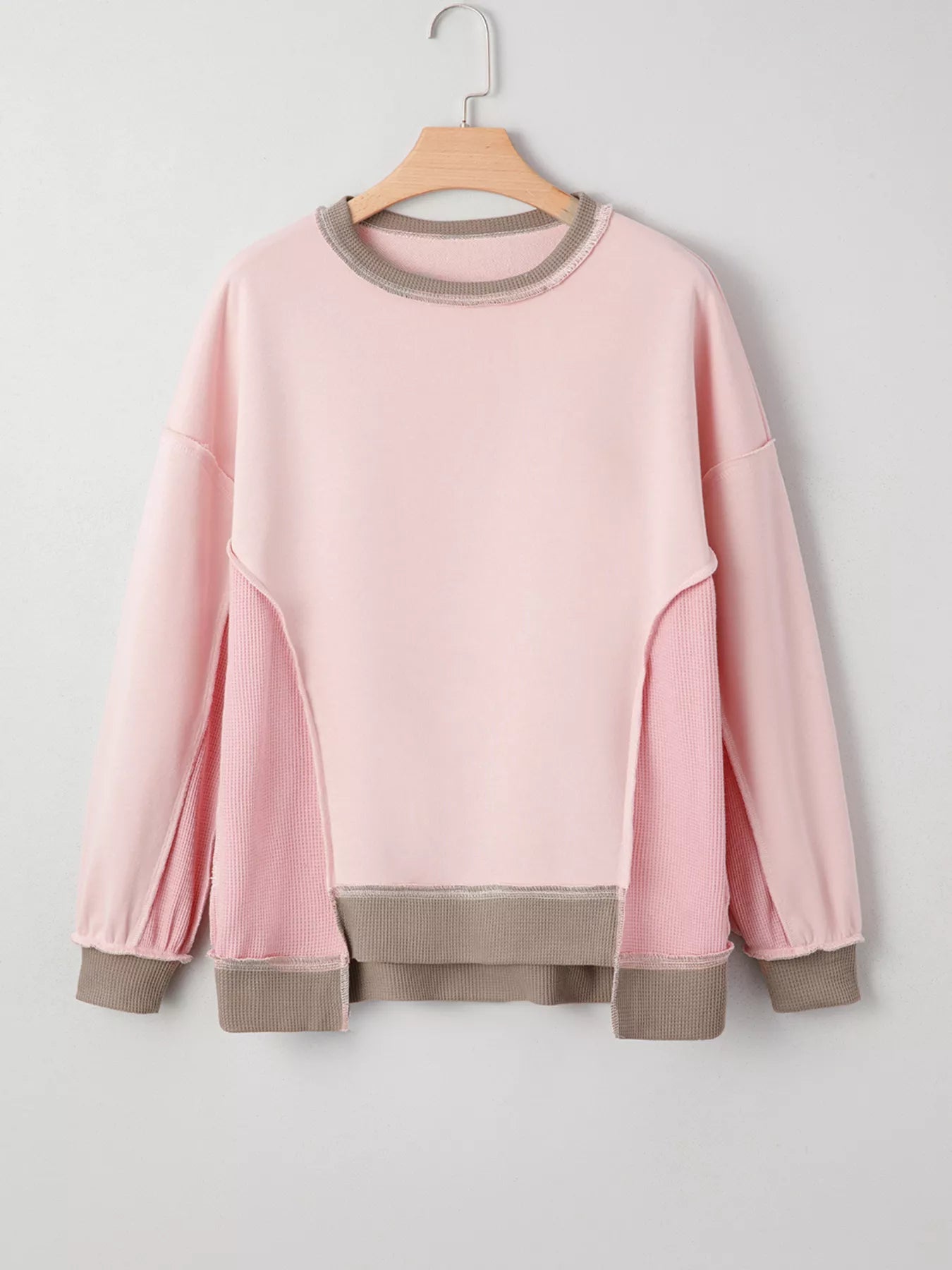 Color Block Mix Texture Waffle Patchwork Oversize Sweatshirt Trendsi