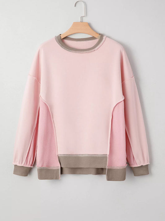Women Color Block Mix Texture Waffle Patchwork Oversize Sweatshirt nicholesgifts