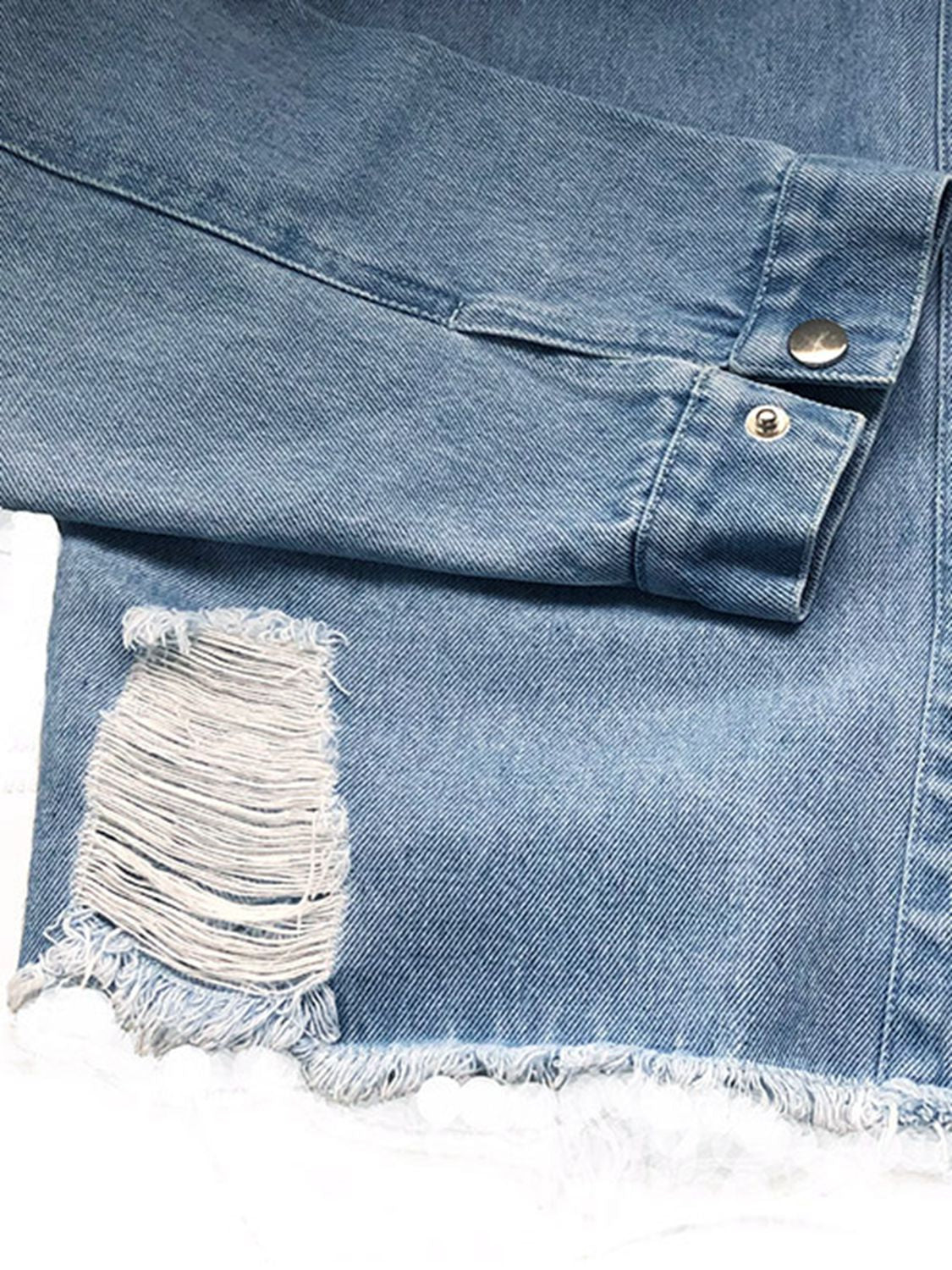 Raw Hem Collared Neck Long Sleeve Denim Jacket nicholesgifts