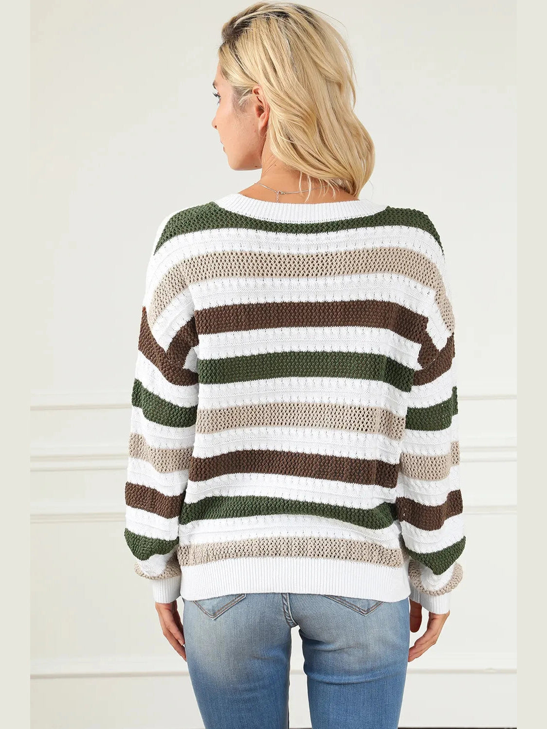 Striped Openwork Dropped Shoulder Sweater Trendsi