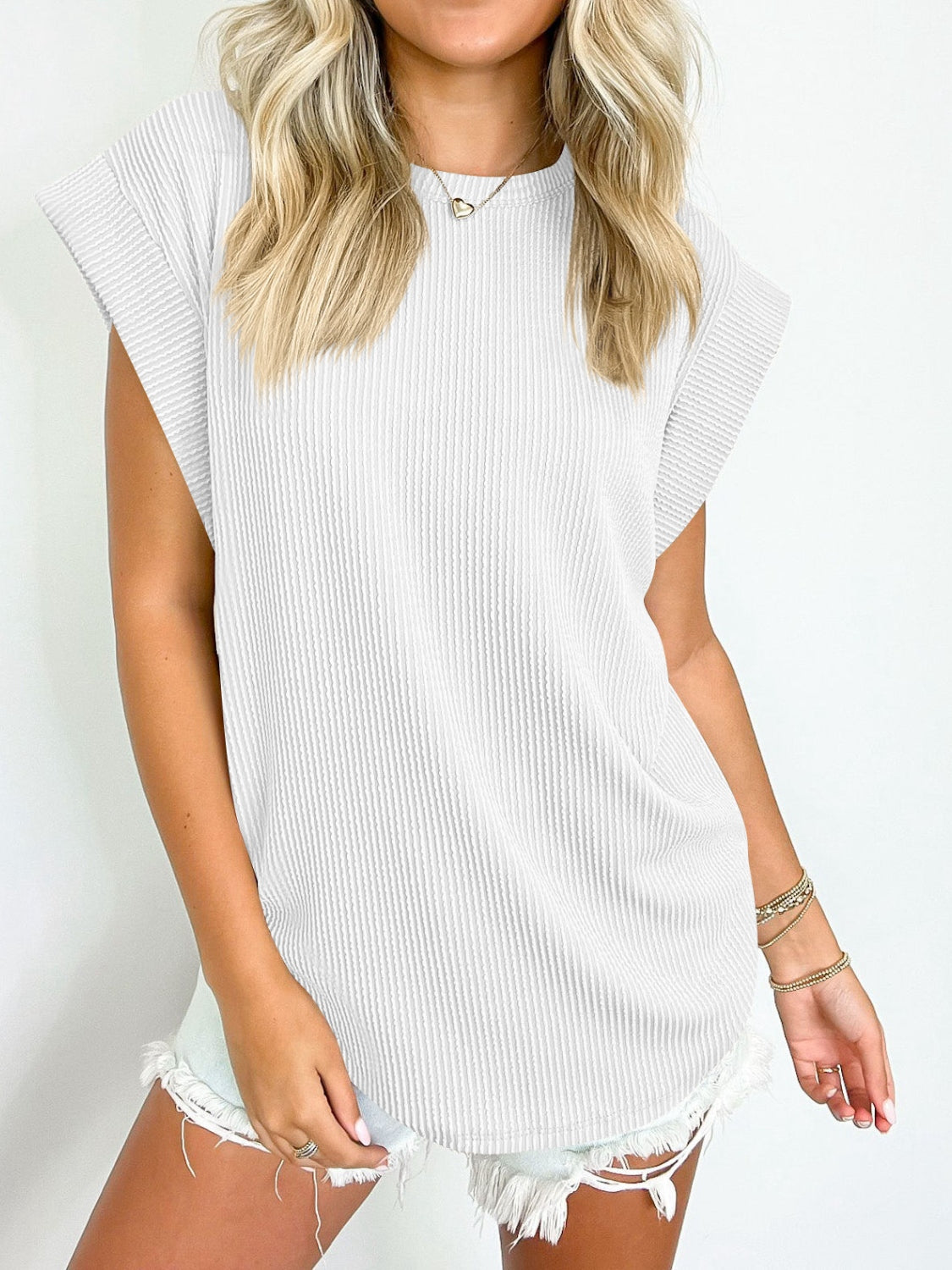 Textured Round Neck Cap Sleeve Blouse nicholesgifts