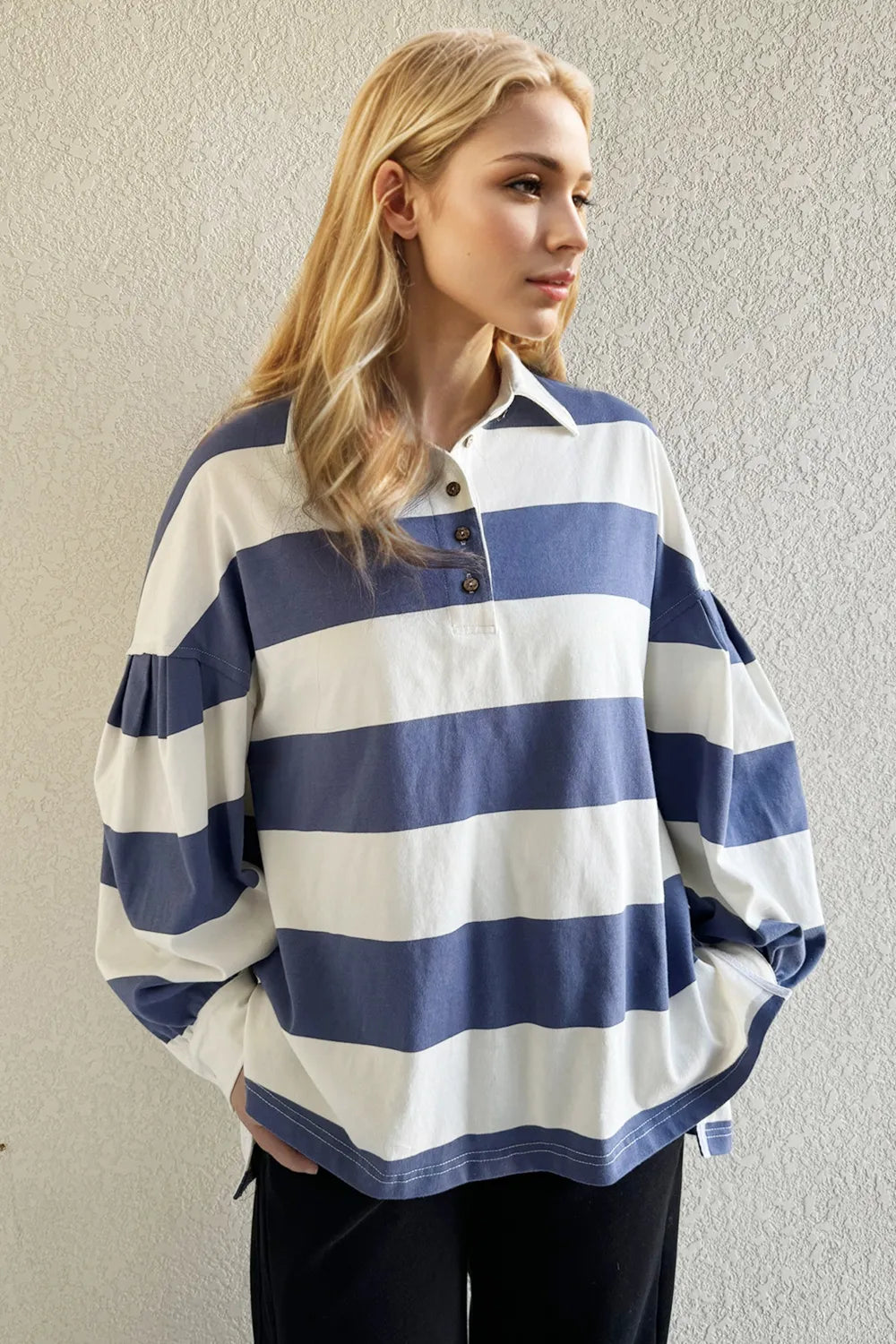 Oh Pima Cotton Wash Wide Striped Collared Neck Long Sleeve Top Trendsi