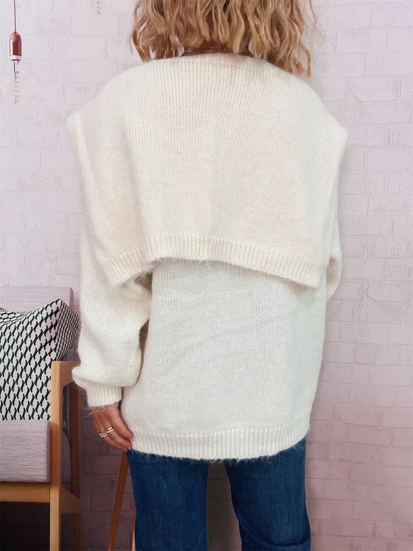 Ribbed Hem V-Neck Sweater with Shawl Trendsi