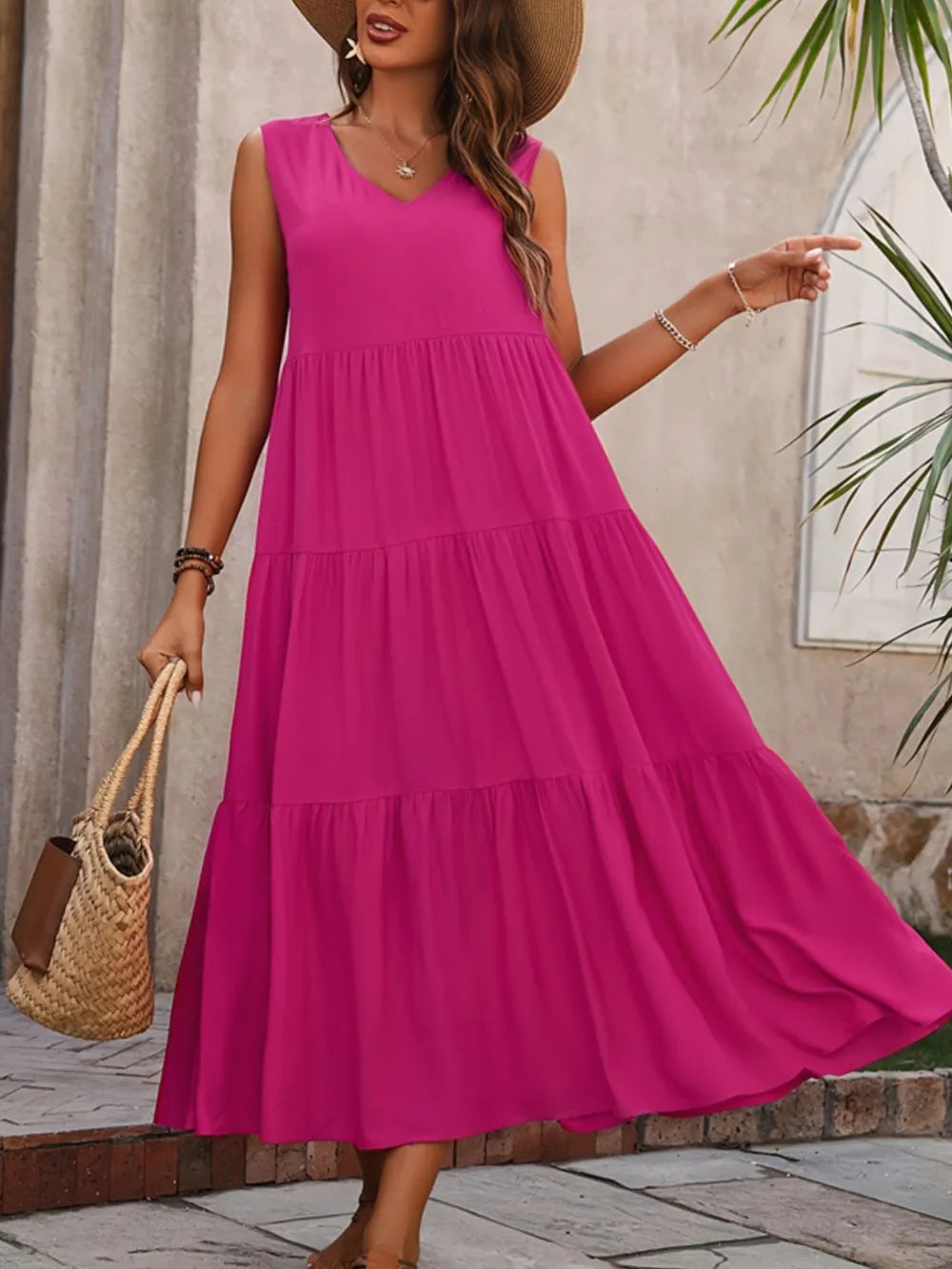 Tiered V-Neck Sleeveless Dress NicholesGifts