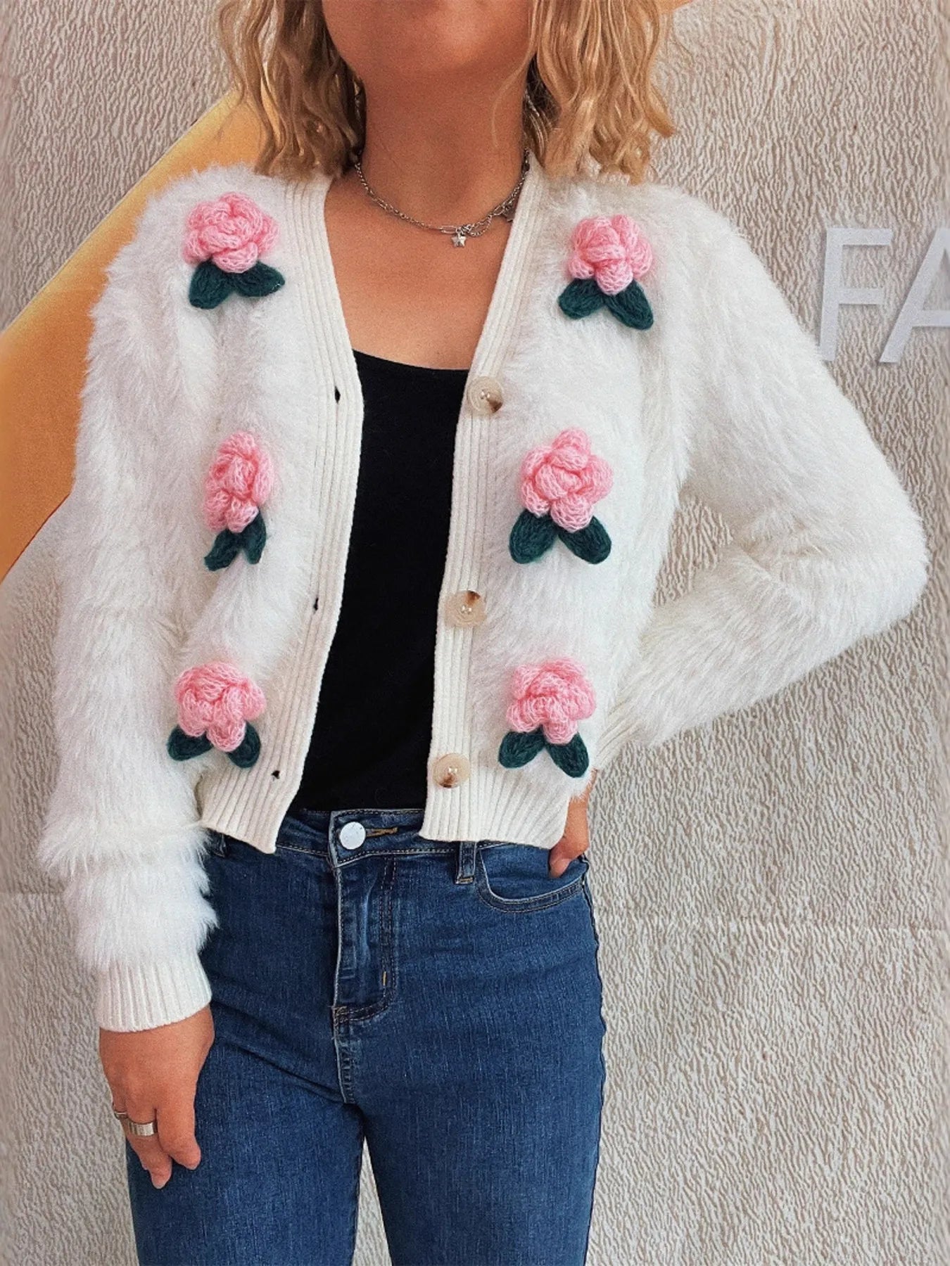 Flower Fuzzy Button-Up Cardigan