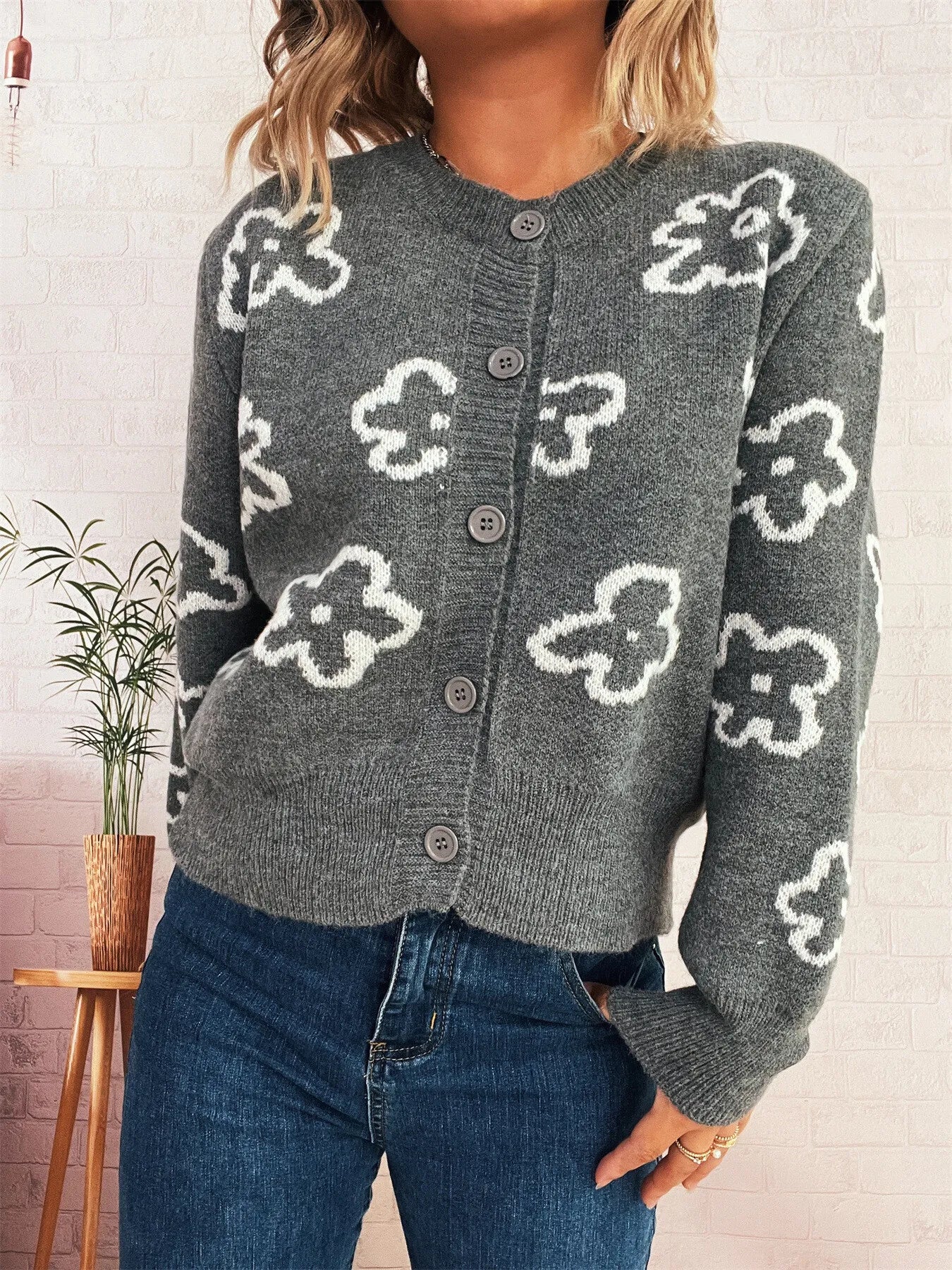 Floral Pattern Button-Up Cardigan