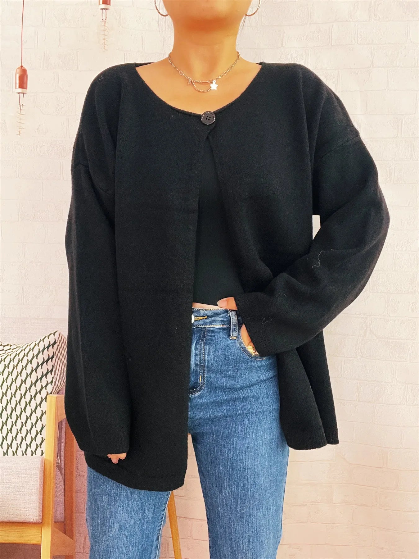 One Button Front Drop Shoulder Cardigan Trendsi