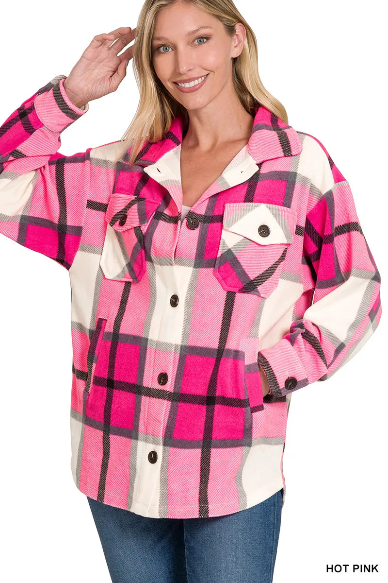 Zenana Oversized Plaid Fleece Shacket Trendsi
