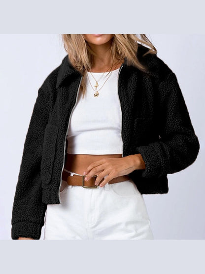 Long Sleeve Collared Neck Sherpa Jacket nicholesgifts