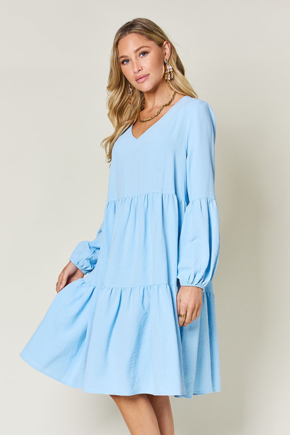 Double Take Full Size V-Neck Balloon Sleeve Tiered Dress nicholesgifts