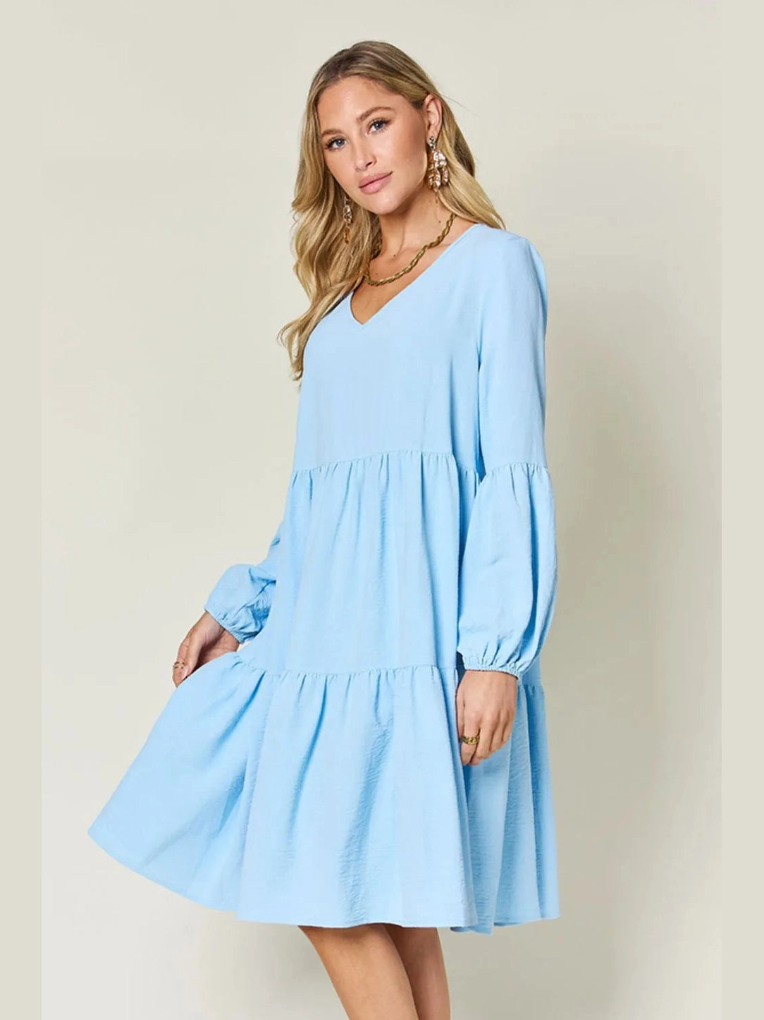 Double Take Full Size V-Neck Balloon Sleeve Tiered Dress with Pockets nicholesgifts