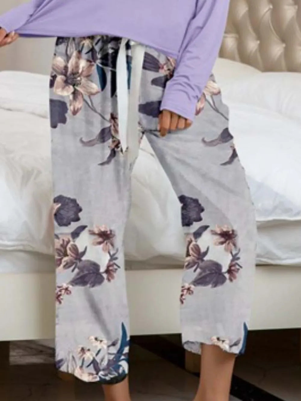 Round Neck Top and Printed Pants Lounge Set nicholesgifts