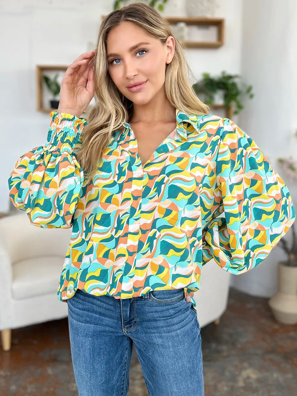 Double Take Full Size Printed Smocked Long Sleeve Blouse nicholesgifts