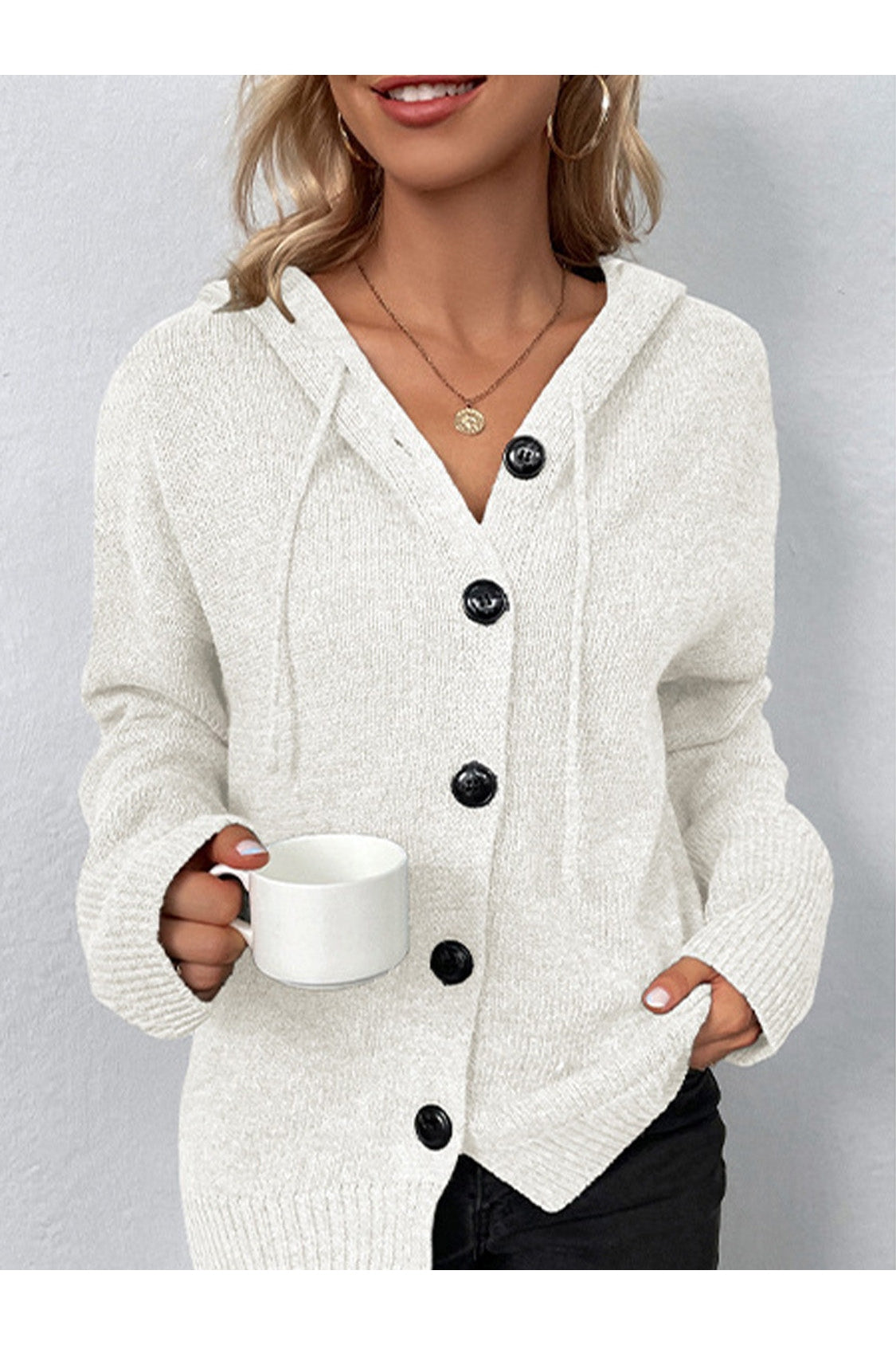 Drawstring Button Up Hooded Cardigan nicholesgifts