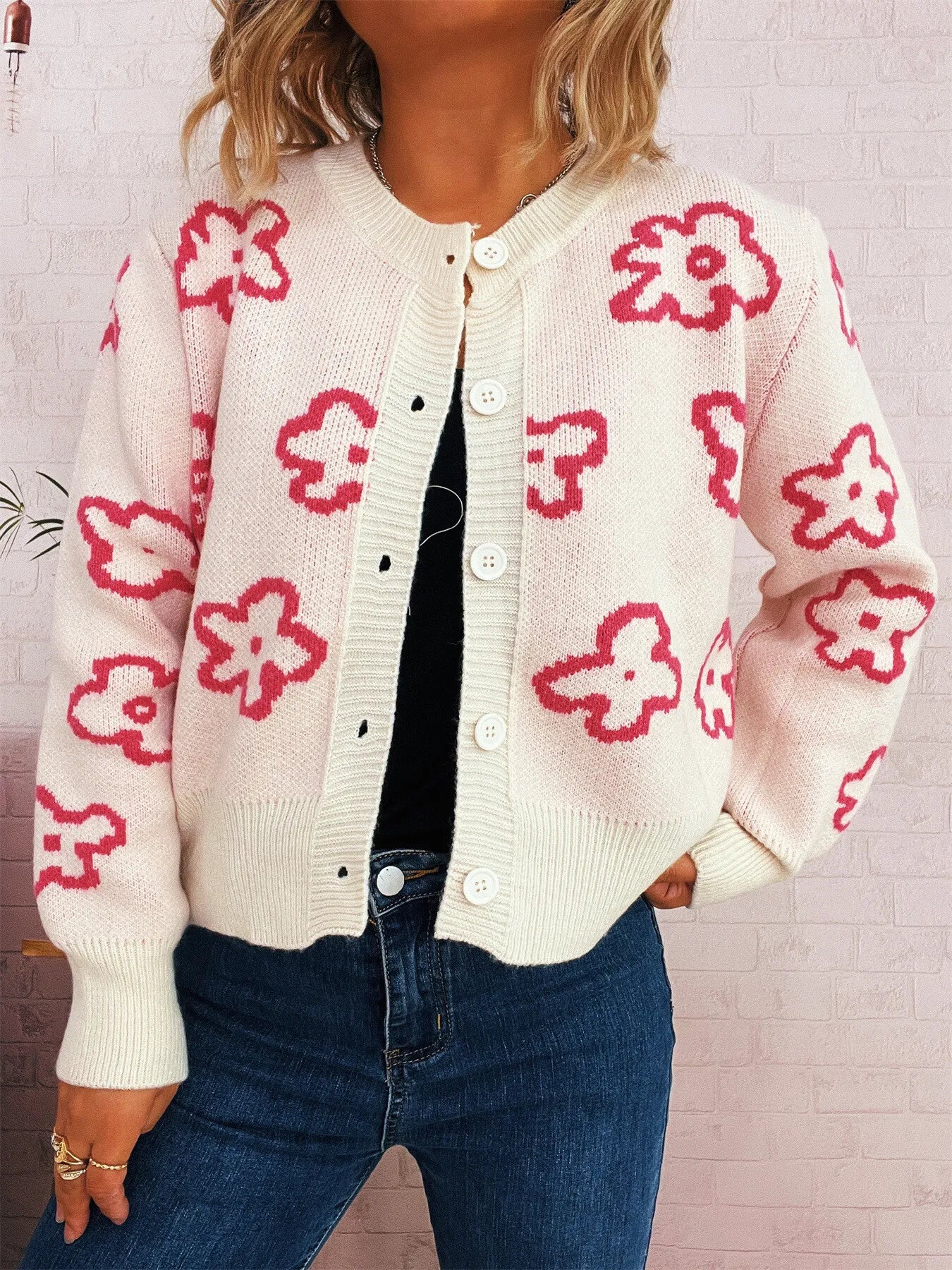 Floral Pattern Button-Up Cardigan