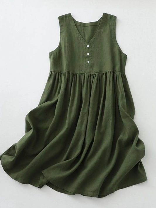 V-Neck Button Detail Sleeveless Midi Dress NicholesGifts