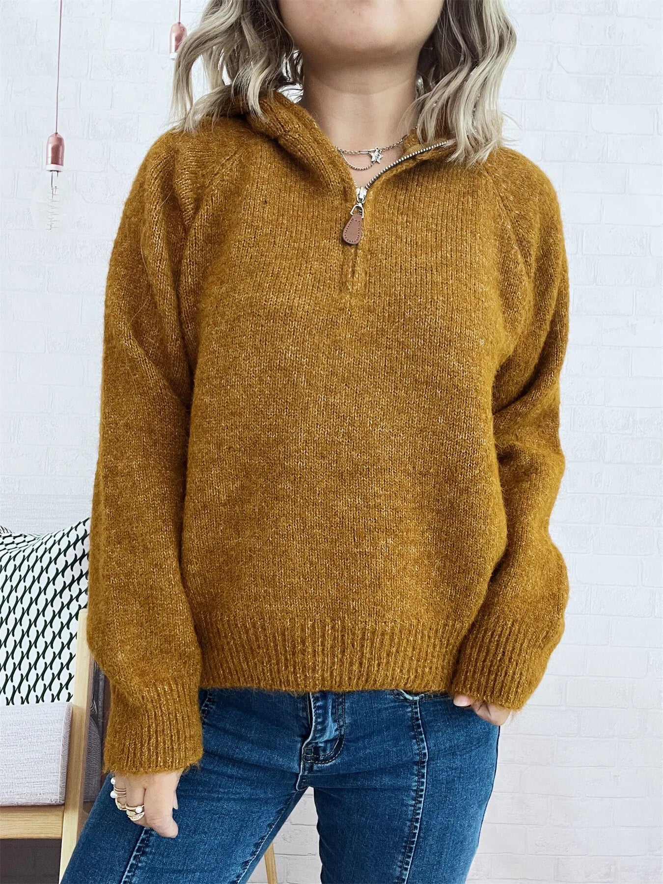 Quarter Zip Ribbed Hem Sweater