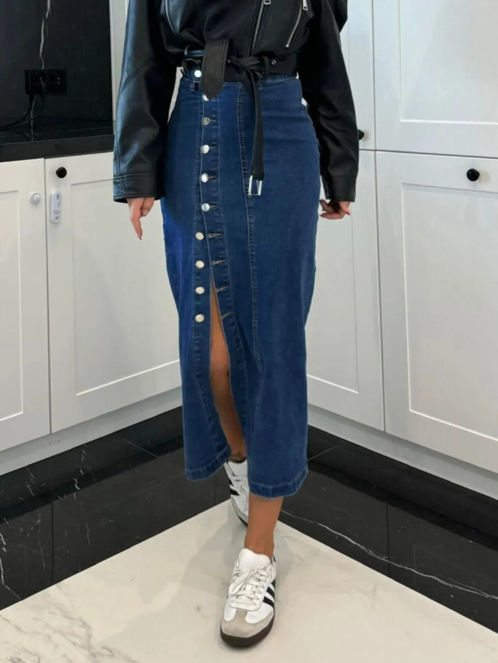 Front Button Slit Midi Denim Skirt nicholesgifts