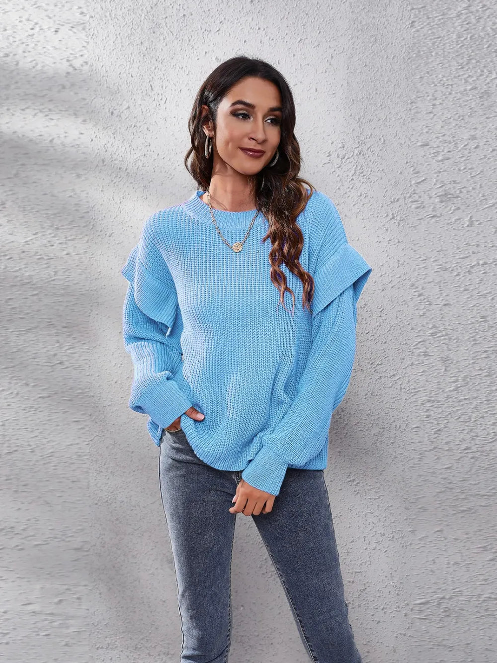 Ruffled Round Neck Dropped Shoulder Sweater Trendsi