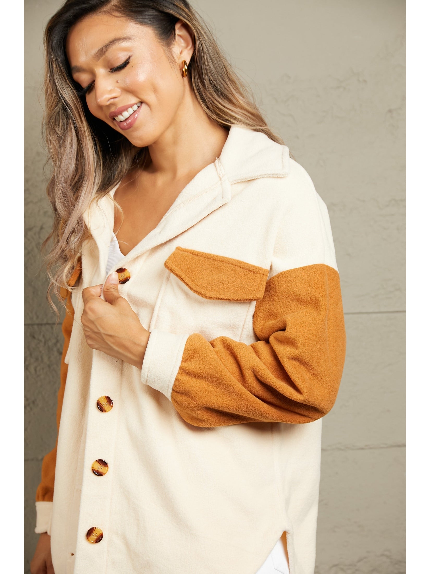 Perfee Contrast Button-Up Fleece Jacket nicholesgifts