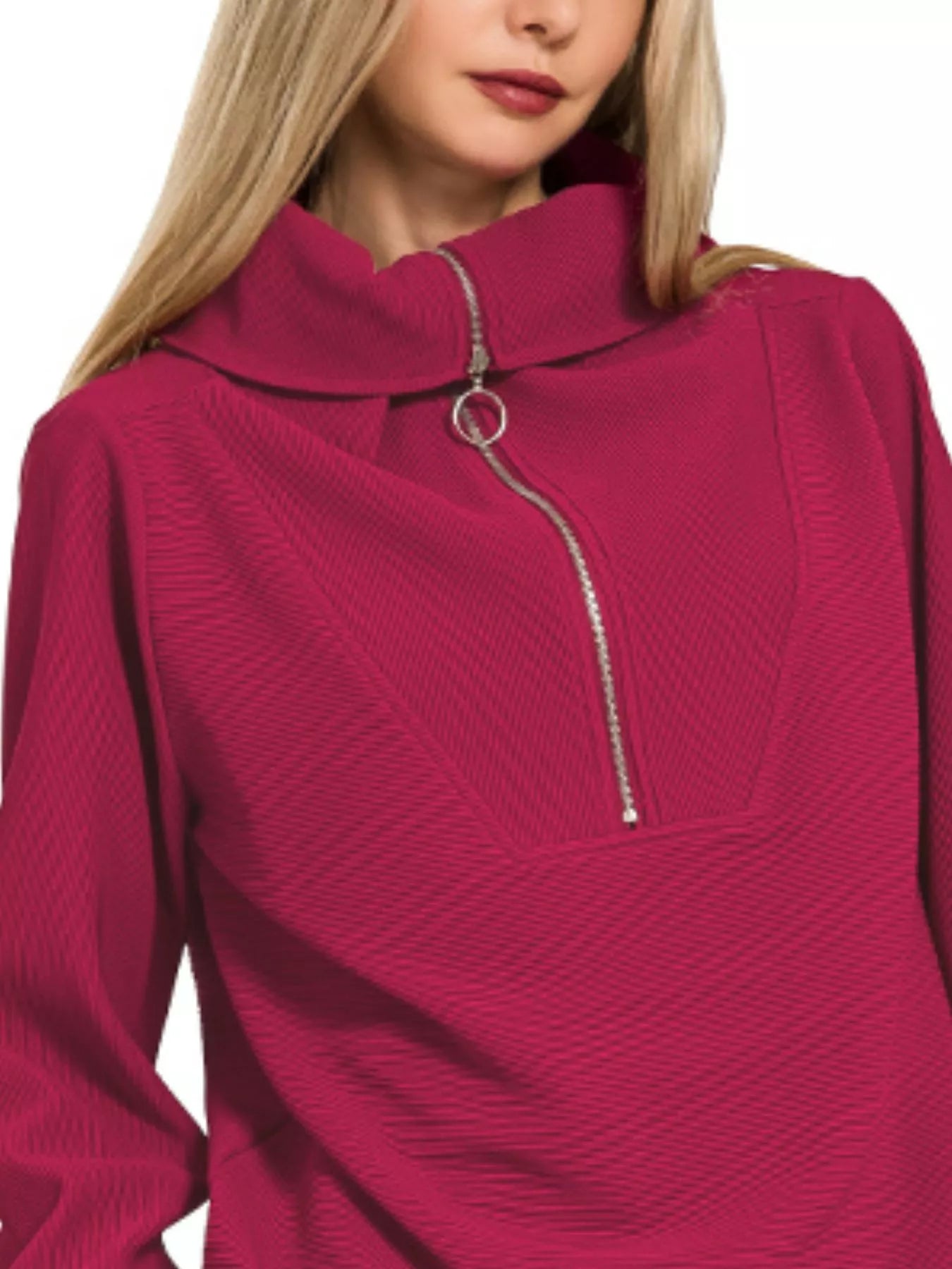 Zenana Ribbed High Neck Half Zip Pullover & Pants Set Trendsi