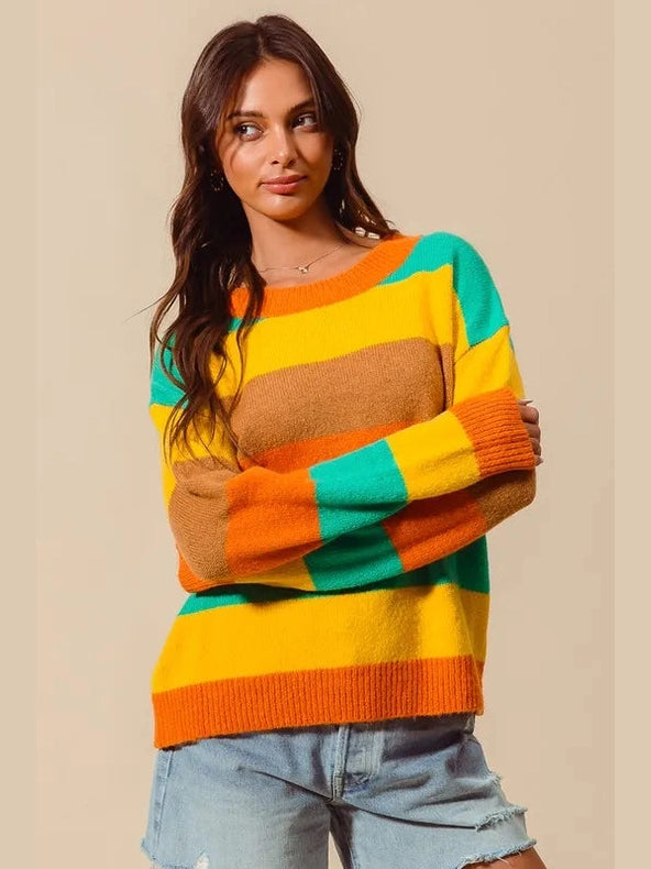 SO ME Multi Color Stripe Sweater with Ribbed Detail Trendsi