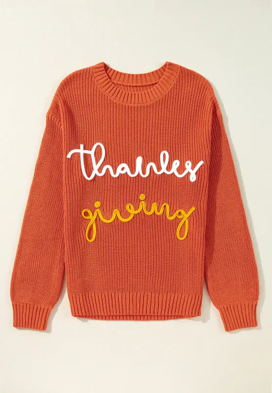 THANKS GIVING Round Neck Long Sleeve Sweater Trendsi