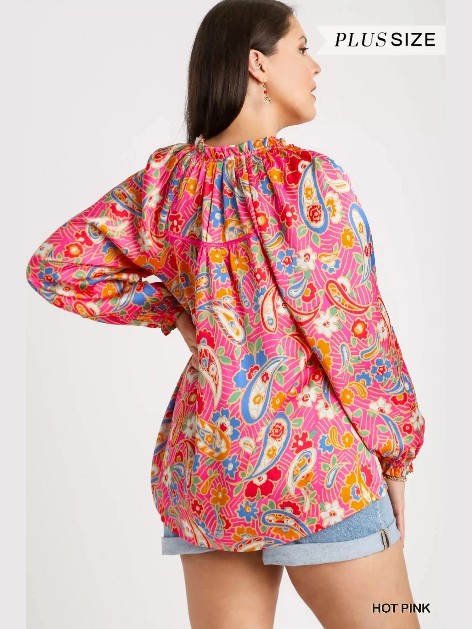 Umgee Full Size Satin Paisley Ruffle Neck Button-Up Shirt Plus Size NicholesGifts